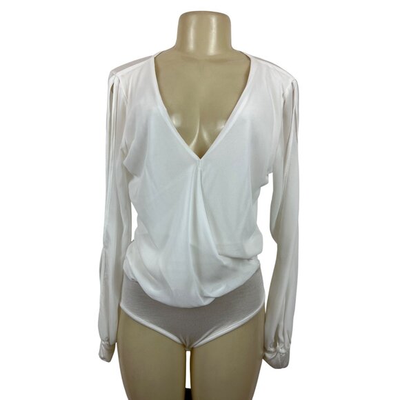 Arden B. Womens Long Sleeve V-Neck White Drape Top Sz S - Picture 2 of 10